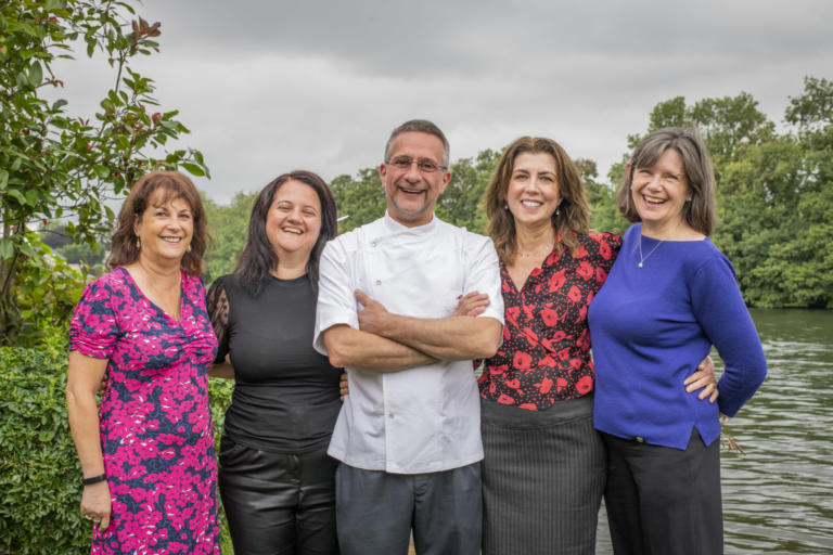 Claude Grant (Director), Roberta Dezi (Secretary to Alain Roux), Alain Roux (Chef Patron), Lee Whitlock (Personal Assistant) & Maggie Fairbrother (Reservations Manager) photographed by Jamie Lau